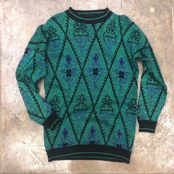 Vintage 70s Lurex Sweater Oversized Green Black - Picture 1 of 5